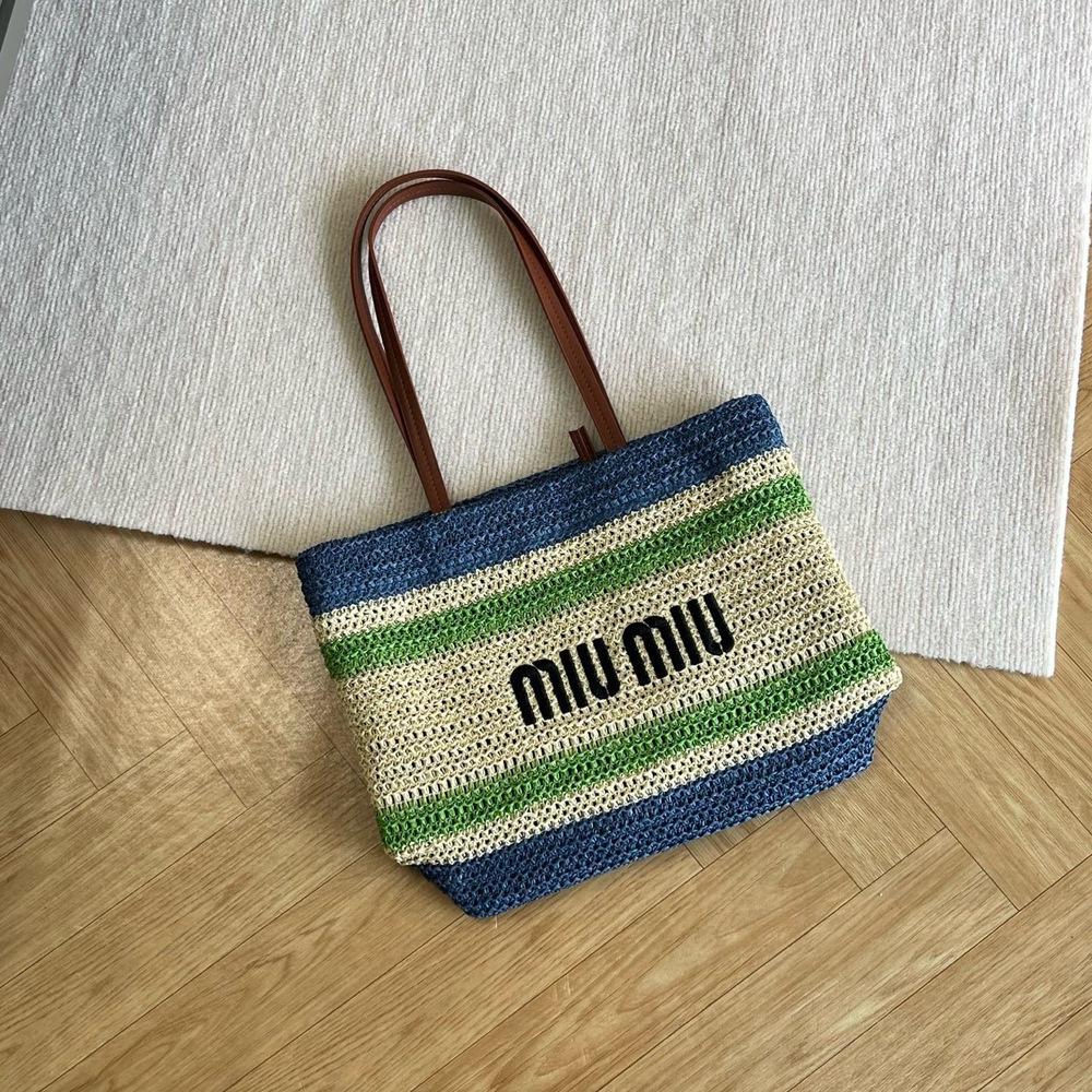 Authentic MIU MIU Crochet Raffia Striped Tote Bag